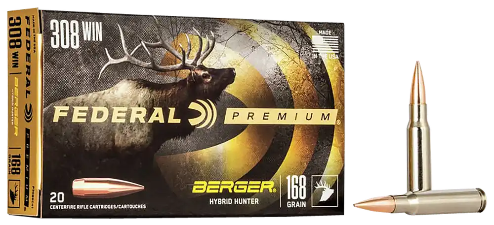 Federal Premium .308 Win 168gr Berger Hybrid Hunter Ammo - 20 Rounds Per Box, 10 Boxes Per Case
