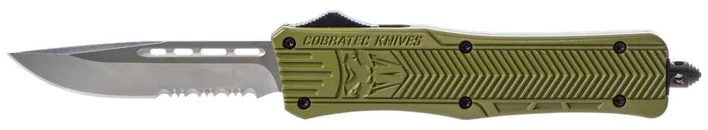 CobraTec Knives MODCTK1MDS CTK-1 Medium 3" OTF Drop Point Part Serrated D2 Steel Blade/OD Green Aluminum Handle Features Glass Breaker Includes Pocket Clip