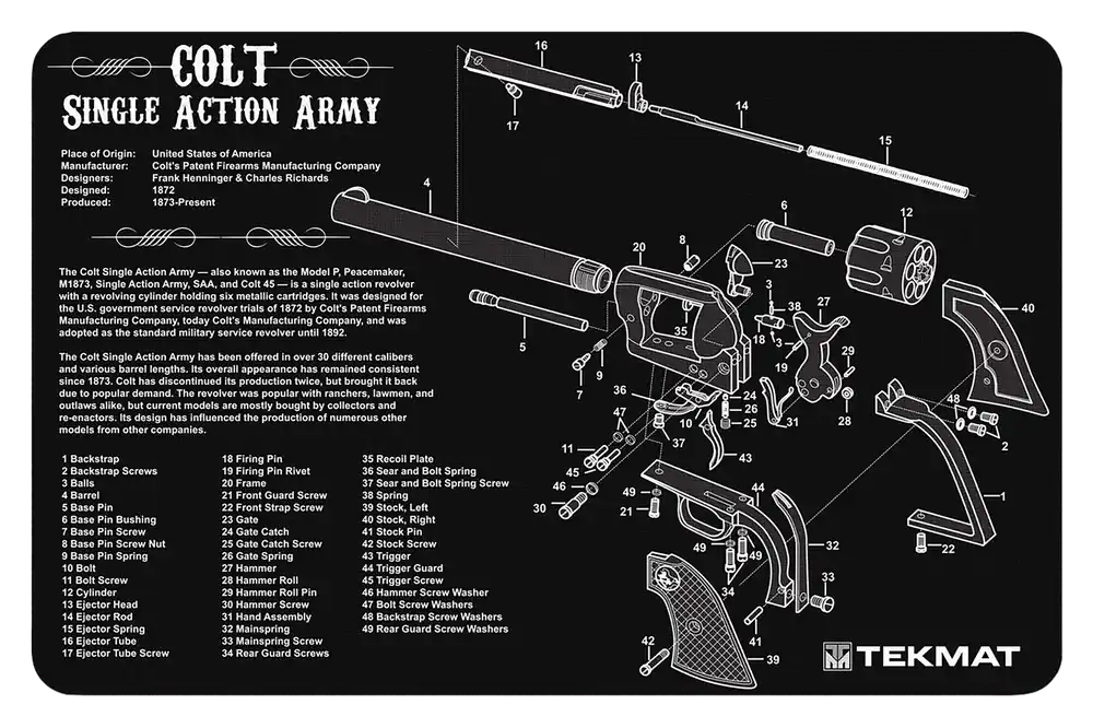 Colt Revolver Army Parts Diagram Cleaning Mat - 11"x17" Black/White Rubber