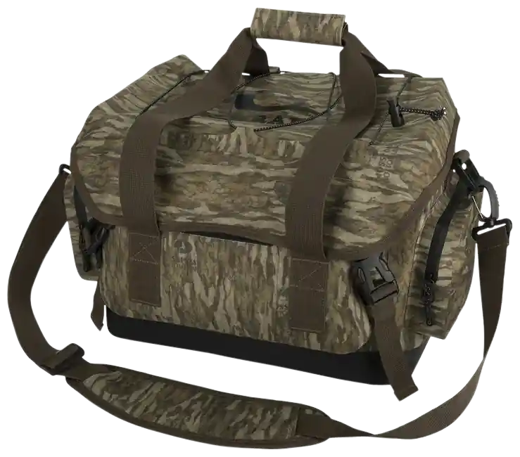 Drake Waterfowl Large Blind Bag with Multiple Pockets and Adjustable Strap in Mossy Oak Bottomland