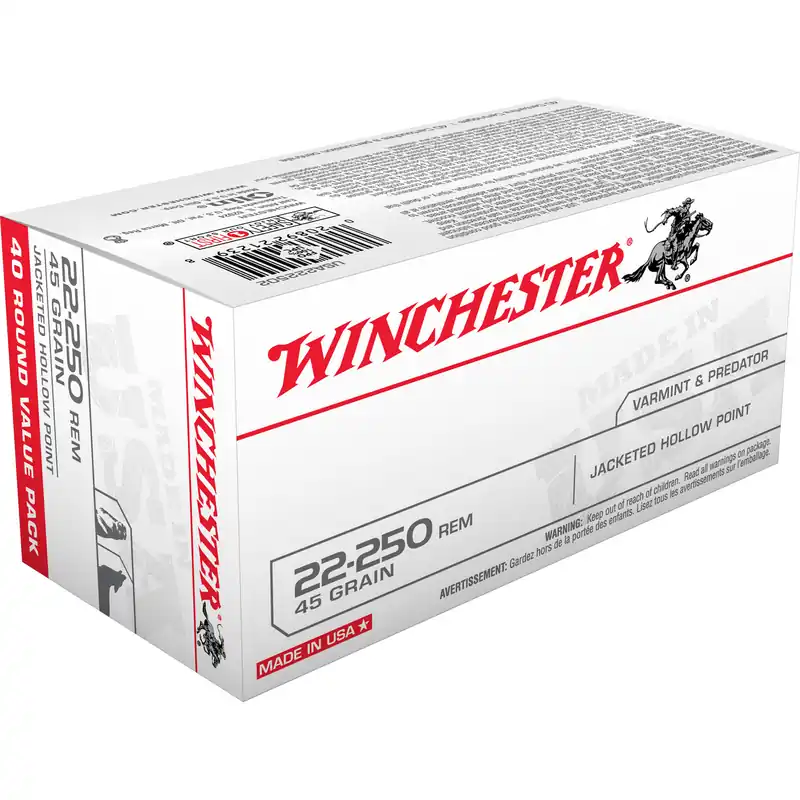 Winchester USA 22-250 Remington 45 Grain JHP Ammunition - 40 Rounds/400 Rounds