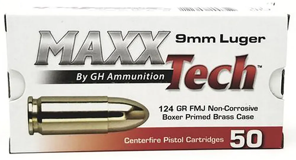 MaxxTech 9mm Luger 124gr FMJ Brass Pistol Ammo - 50 Rounds/Box, 10 Boxes/Case