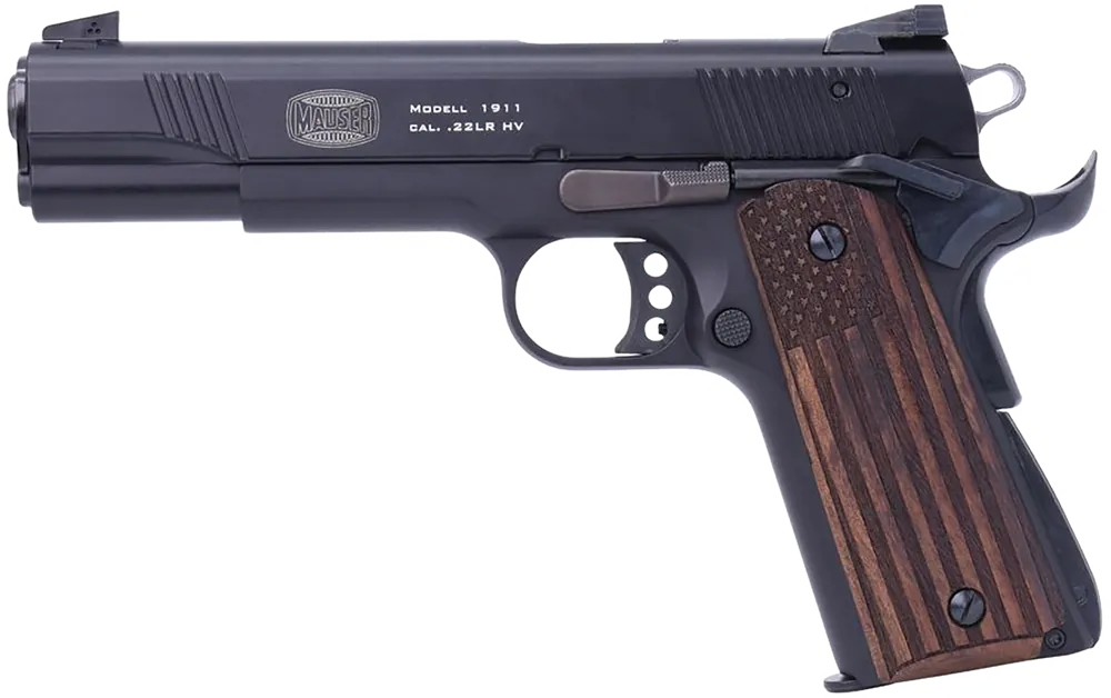 Mauser Rimfire 1911 .22 LR Pistol with Black Steel Barrel and Molded Wood Flag Grip