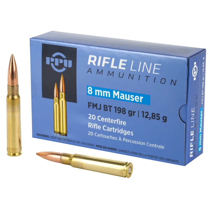 PPU 8mm Mauser 198gr FMJ Ammunition - 20 Rounds per Box, 200 Rounds per Case