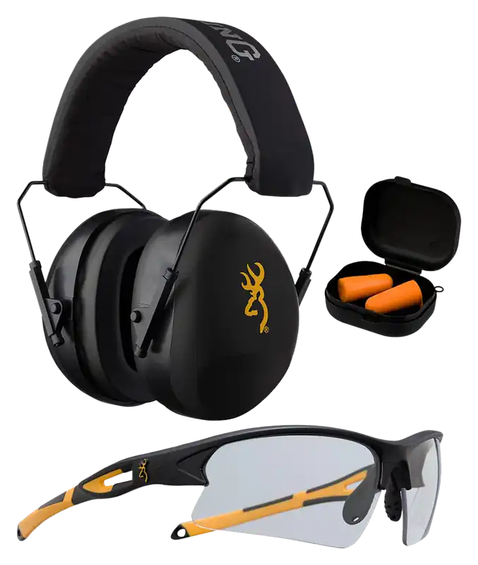 Browning 126368 Range Kit - Over the Head Hearing Protection, 27-36 dB, Orange/Black, Adult
