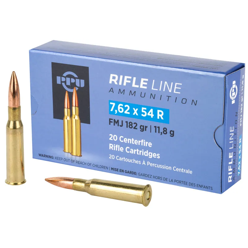 PPU 7.62X54R 182GR FMJ Ammunition - 20 Rounds per Box, 200 Rounds per Case