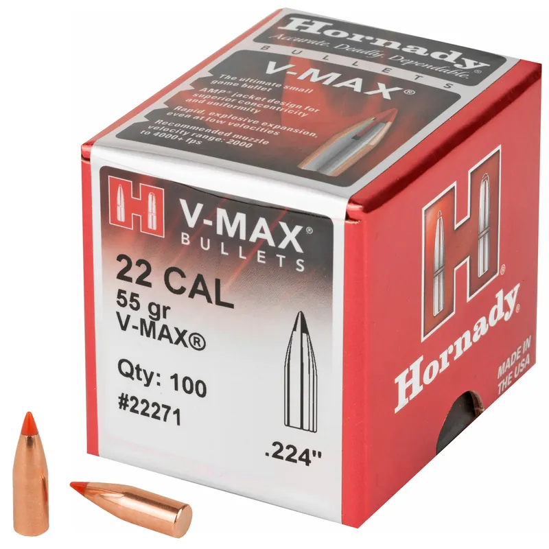 Hornady V-MAX .22 Caliber .224 55 Grain Bullets - 100 Count