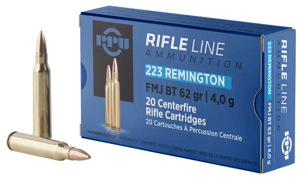 PPU PP223F2 223Rem 62gr FMJ BT Rifle Ammo - 20/Box, 50/Case