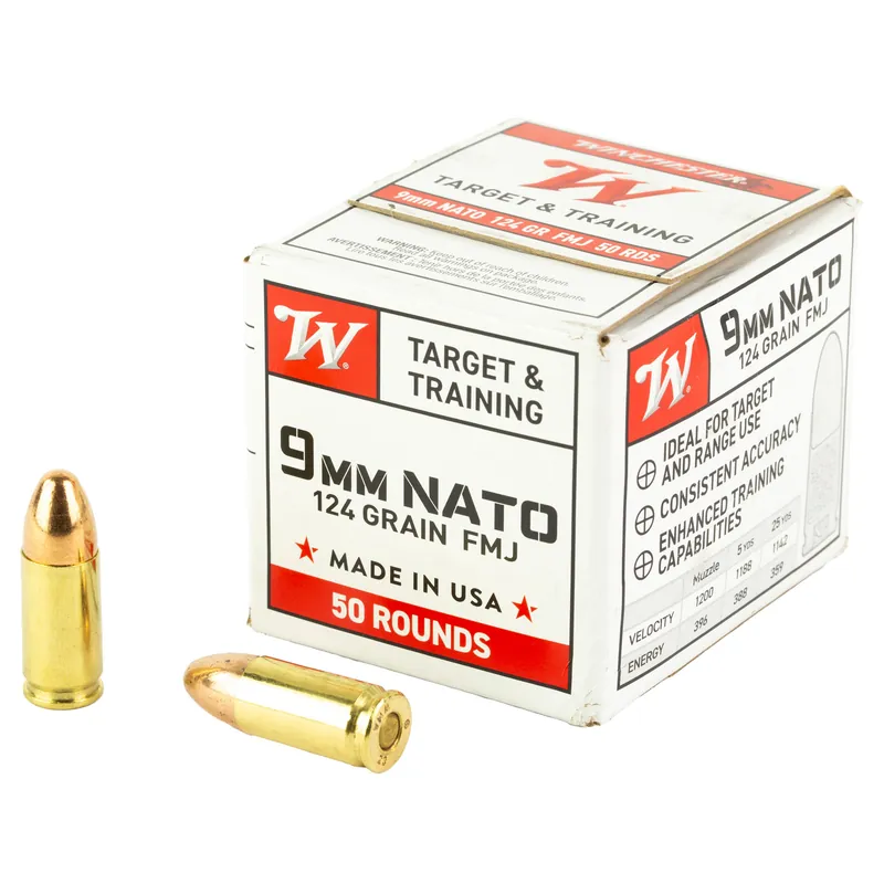 Winchester USA 9mm NATO 124 Grain FMJ Ammunition - 50 Rounds/1000 Rounds