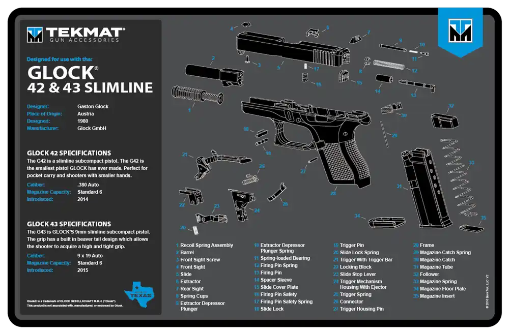 Glock 42/43 Cleaning Mat with Parts Diagram - 11"x17" Rubber Mat in Black/Blue/White