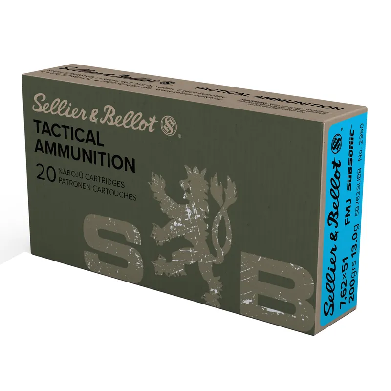 S&B 762X51 Subsonic 200gr FMJ Ammunition - 20 Rounds per Box, 500 Rounds per Case