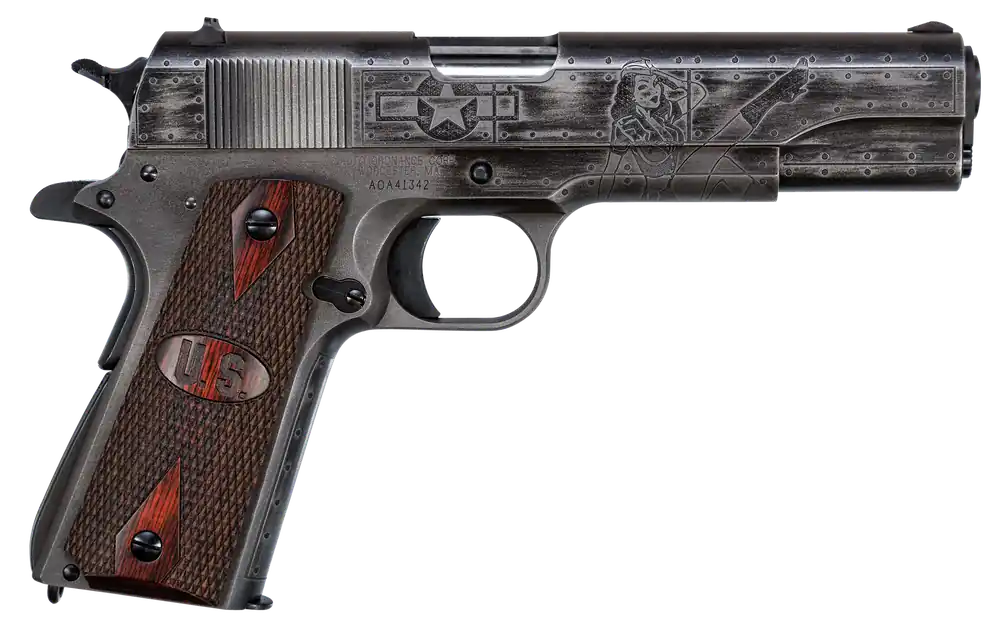 Thompson 1911 Victory Girls .45 ACP Pistol - Worn Black/Gray Cerakote, 5" Barrel, 7+1 Capacity, Checkered Wood Grips with US Logo