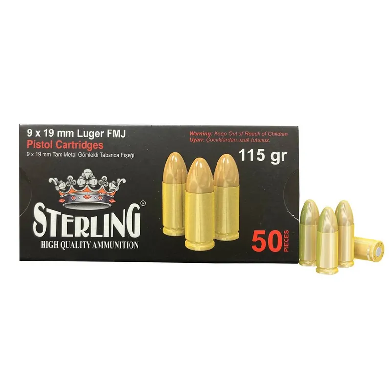 Sterling 9mm 115gr FMJ Brass Ammunition - 50 Rounds/1000 Rounds