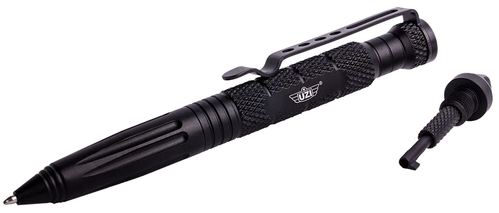 Uzi Tactical Pen with Glass Breaker and Cuff Key - Black Aluminum 6"