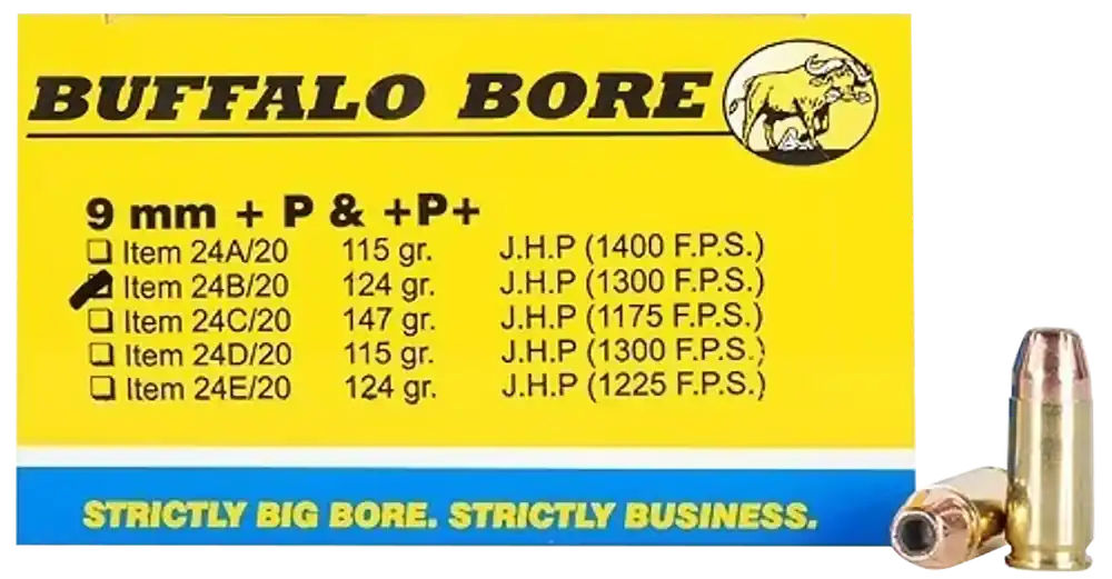 Buffalo Bore 9mm Luger +P+ 124gr JHP Personal Defense Ammo - 20/Box