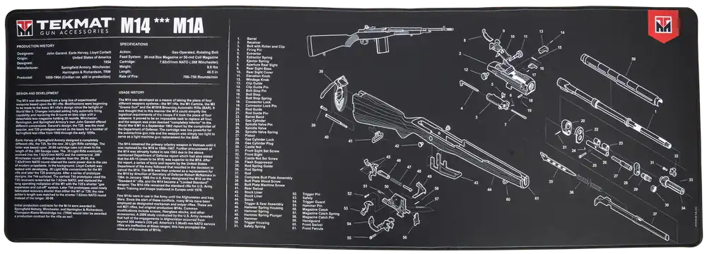M14 (M1A) Cleaning Mat with Parts Diagram - 15"x44" Rubber Mat in Black/White