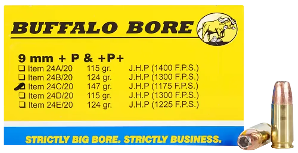 Buffalo Bore 9mm Luger +P+ 147gr JHP Personal Defense Ammo - 20/Box