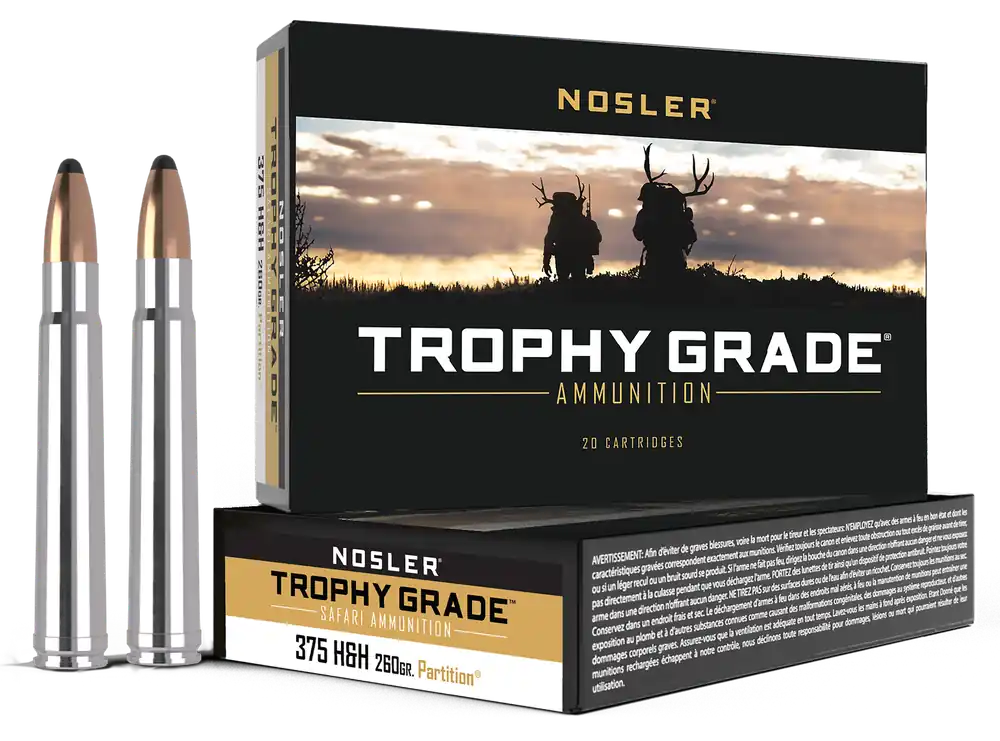 Nosler Trophy Grade 375 H&H Mag 260gr Spitzer Partition Ammo - 20/Box