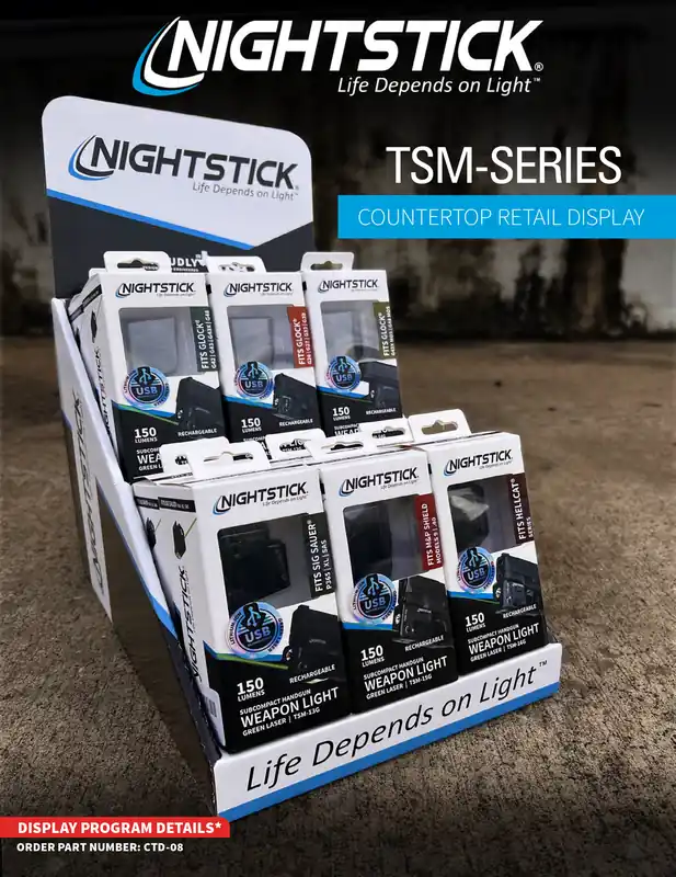 Nightstick CTD08 Counter Display: 12 Tactical Weapon Lights with Green Laser