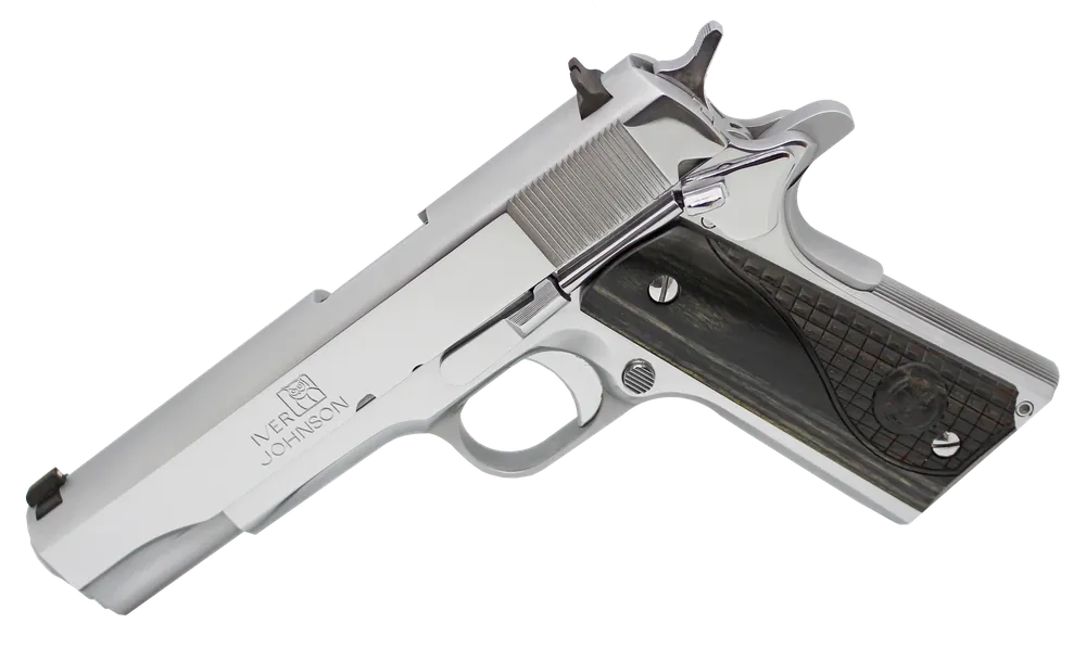 Iver Johnson 1911 A1 Government 70 Series .38 Super Pistol, Chrome Finish, Diamondwood Grip