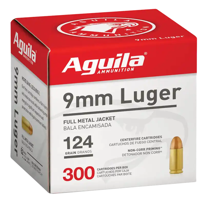 Aguila 9mm Luger 124gr FMJ Handgun Ammo - 300 Rounds/Box, 4 Boxes/Case