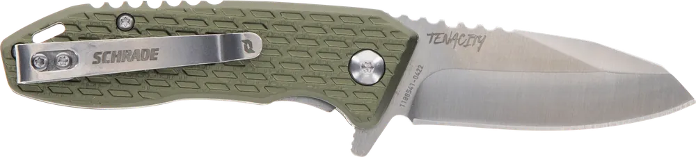 Schrade Tenacity Folding Knife with Part Serrated AUS-10A Blade and Green Aluminum Handle