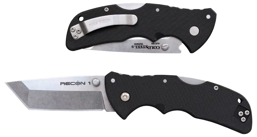Cold Steel Recon 1 Mini Tanto Folding Knife with Stonewashed AUS-10A Blade and Black GRN Handle