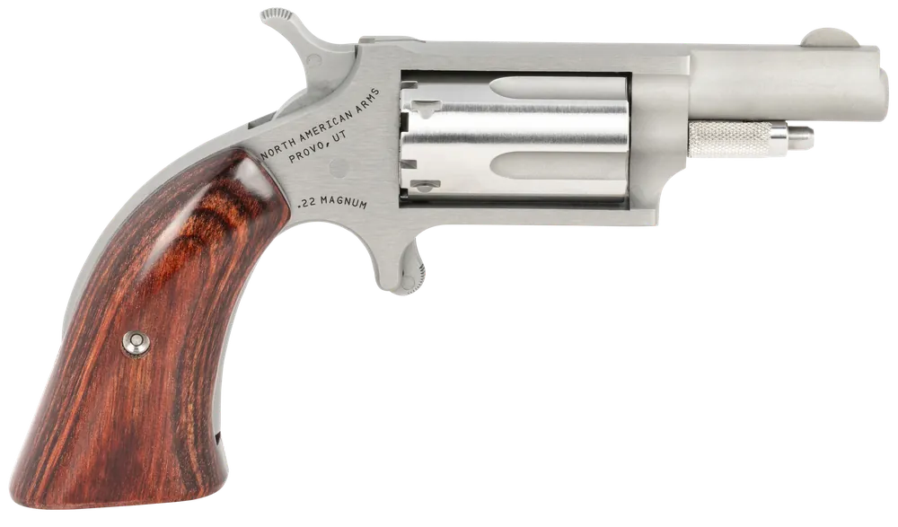 North American Arms 22MGBG Mini-Revolver: 22 WMR, 5-Shot, 1.63" Stainless Steel, Exclusive Wood Boot Grip