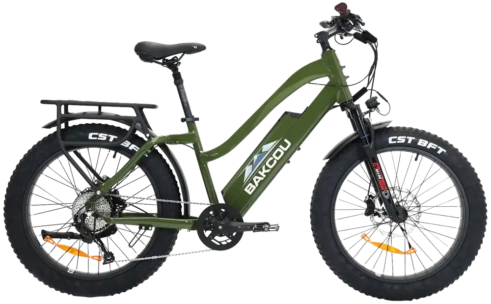 Bakcou Flatlander ST 24 E-Bike: 750W Motor, 9-Speed Shimano, 25+ mph, Gloss Army Green