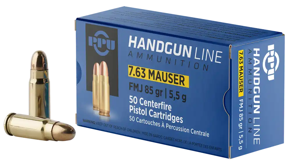 PPU PPH763 7.63mm Mauser 85gr FMJ Handgun Ammo - 50 Rounds/Box, 10 Boxes/Case