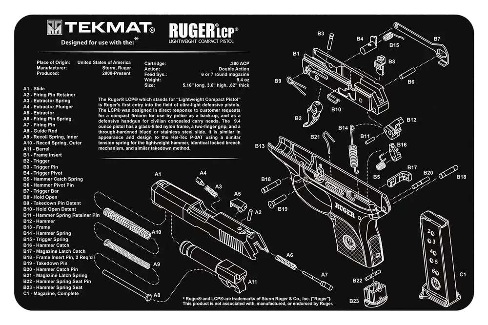 Ruger LCP Cleaning Mat with Parts Diagram - 11"x17" Black/White Rubber
