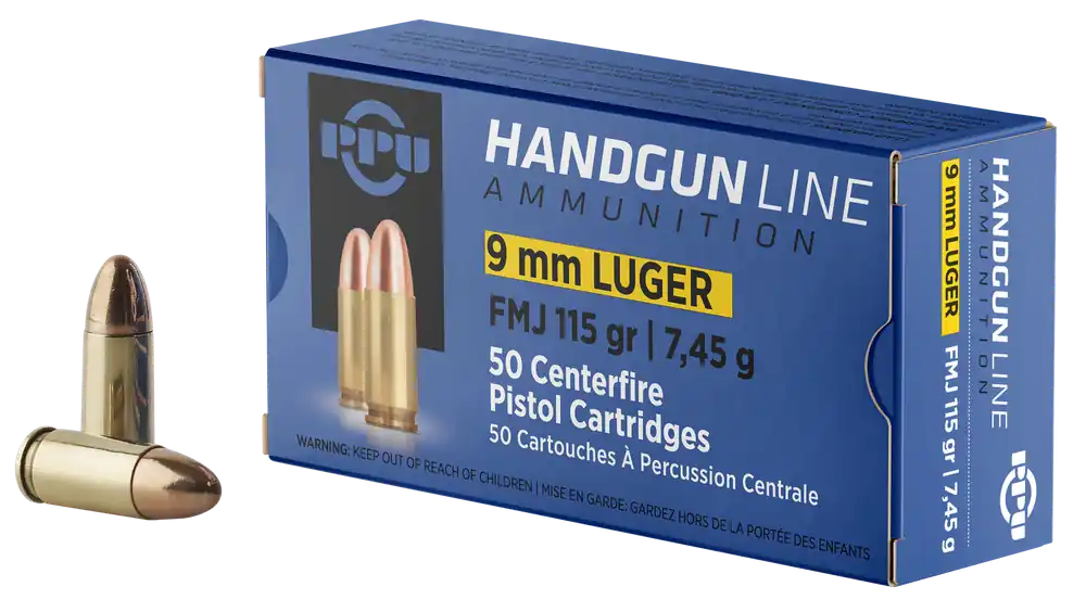 PPU PPH9F1 9mm Luger 115gr FMJ Handgun Ammo - 50 Rounds/Box, 20 Boxes/Case