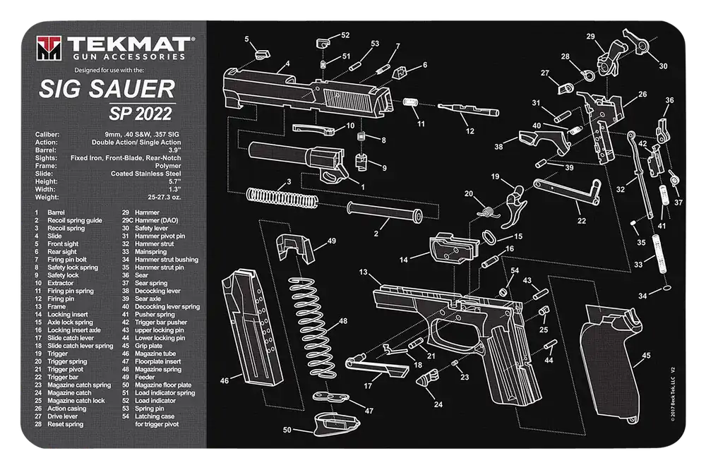 Sig Sauer SP 2022 Parts Diagram Cleaning Mat - 11"x17" Black/Gray Rubber