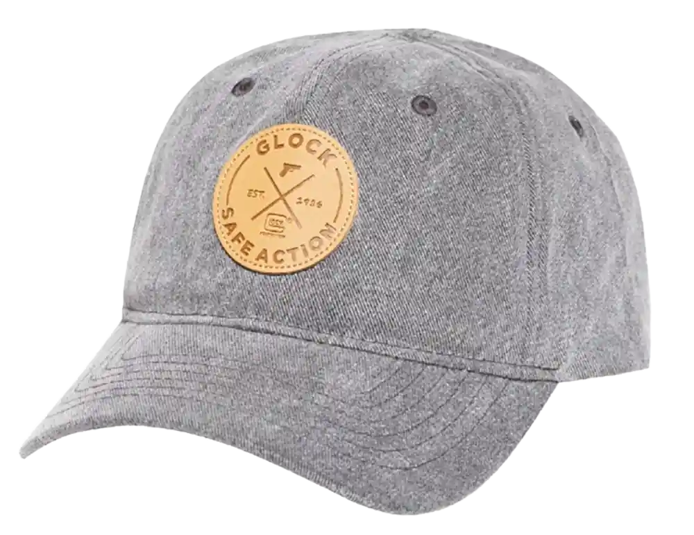Glock AP95882 Distressed Gray Denim Hat with Leather-Like Patch and Adjustable Metal Back
