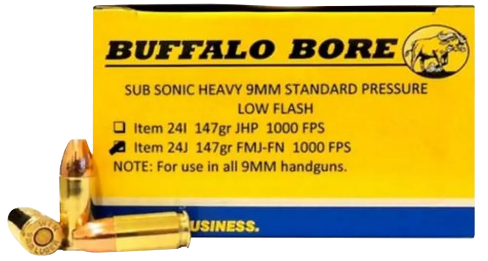 Buffalo Bore 9mm Luger 147gr FMJ Flat Nose Subsonic Ammo - 20/Box