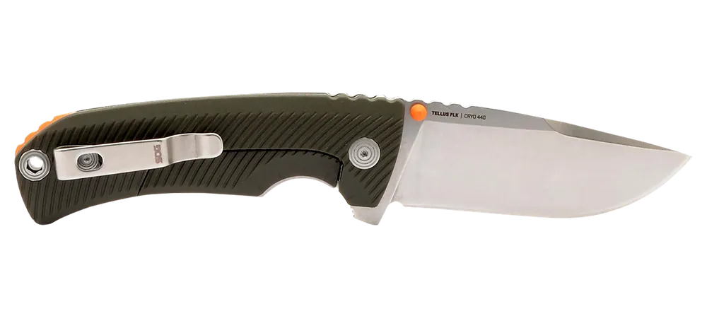 SOG Tellus FLK 3.65" Folding Knife with Stonewashed 440C Blade and Olive Drab GRN Handle