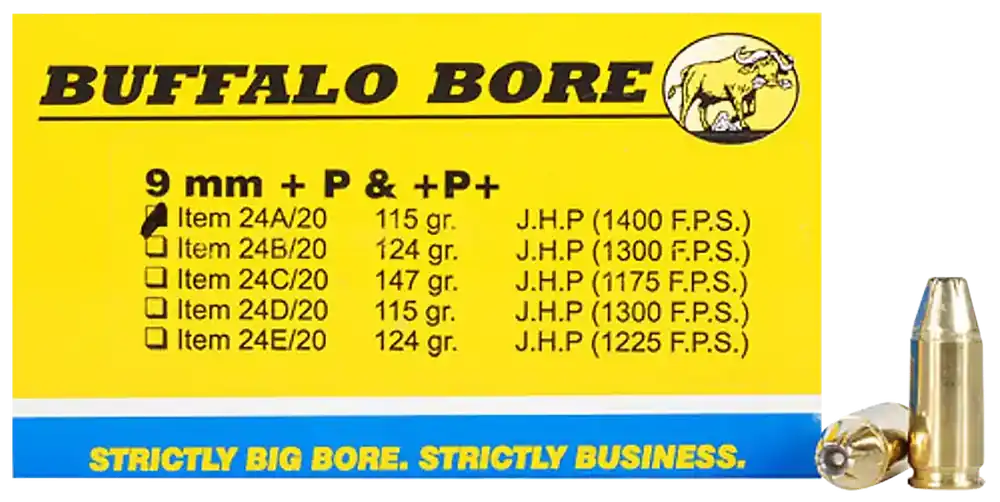 Buffalo Bore 9mm Luger +P+ 115gr JHP Personal Defense Ammo - 20 Rounds