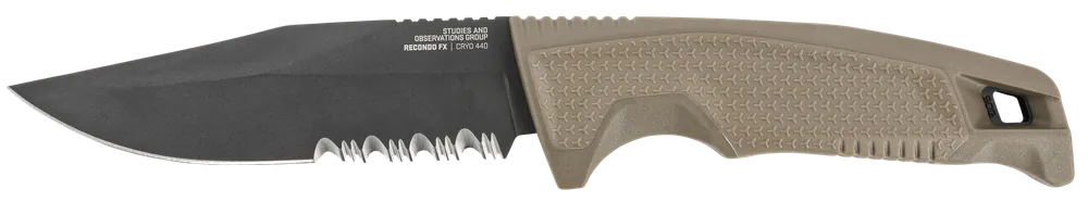 SOG Recondo FX 4.60" Fixed Blade Knife with Serrated Satin TiCN Cryo 440C SS Blade and FDE Rubberized Grip, Includes Sheath