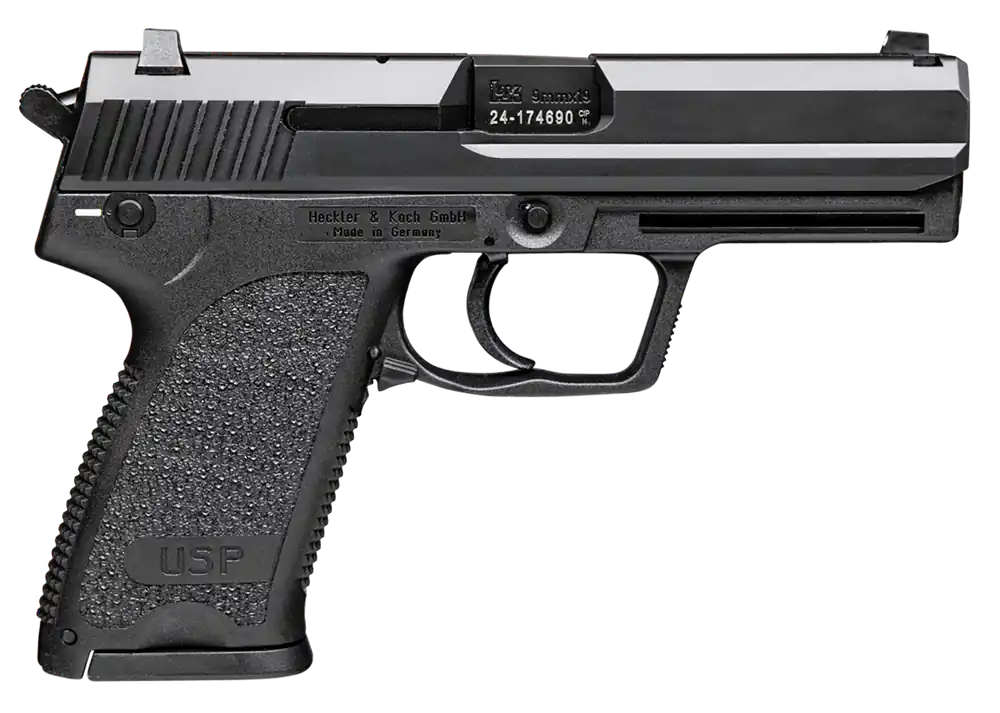 HK 81000310 USP V1 9mm Pistol, 4.25" Barrel, 10+1 Capacity, Black Finish, Serrated Features, Polymer Grip, 3 Mags Included