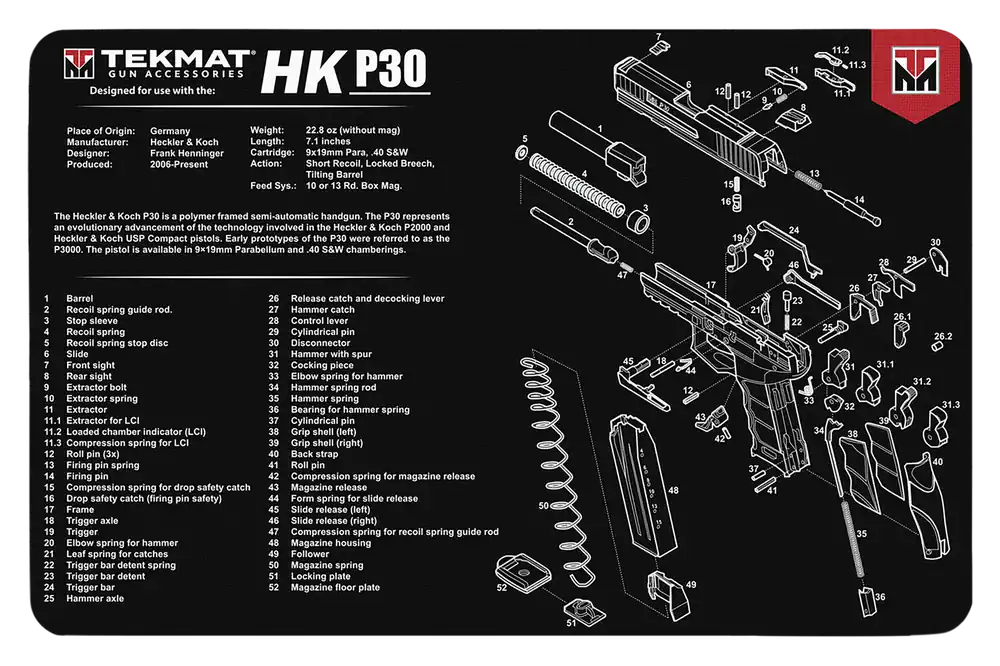 HK P30 Cleaning Mat with Parts Diagram - 11"x17" Black/White Rubber