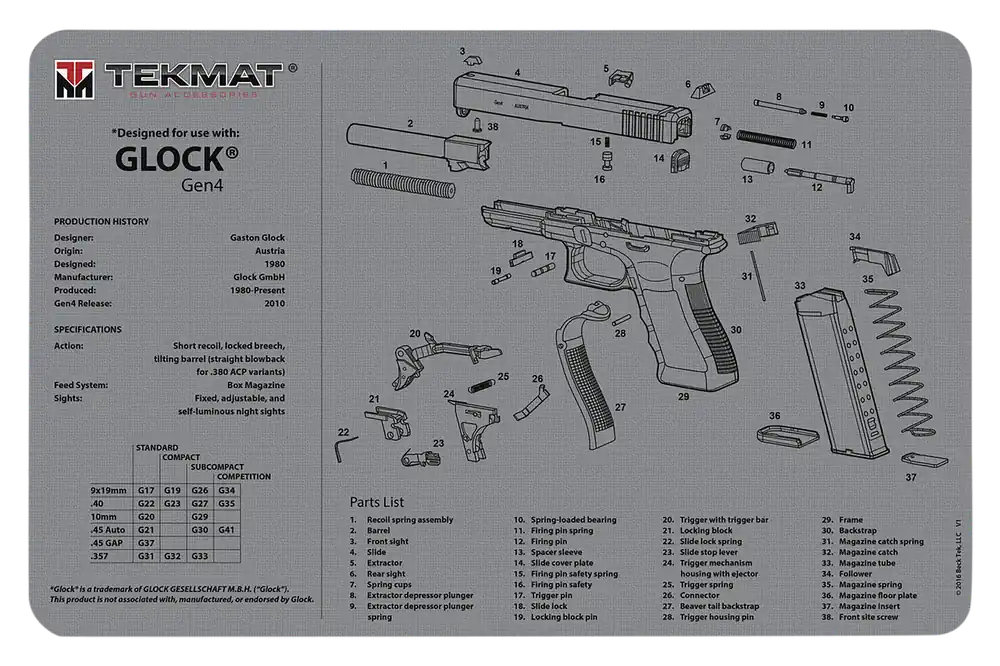 Glock Gen 4 Cleaning Mat with Parts Diagram - 11"x17" Gray Rubber