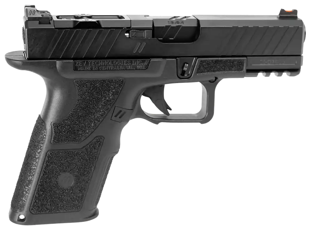 ZEV OZ9 Duty Compact X 9mm Luger 17+1, Black, 4" Serrated Slide, Optic Cut, X-Grip Frame, Fiber Optic Sights
