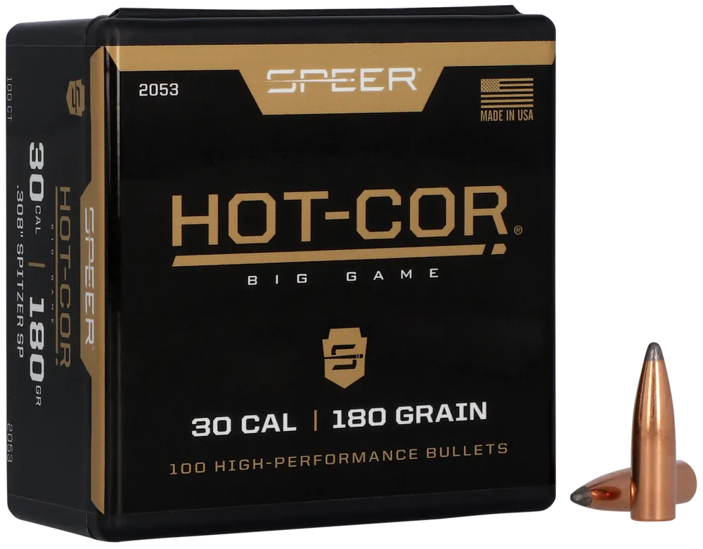 Speer 2053 Hot-Cor .30 Caliber 180 Grain Spitzer Soft Point - 100 Count Box, 5-Box Case