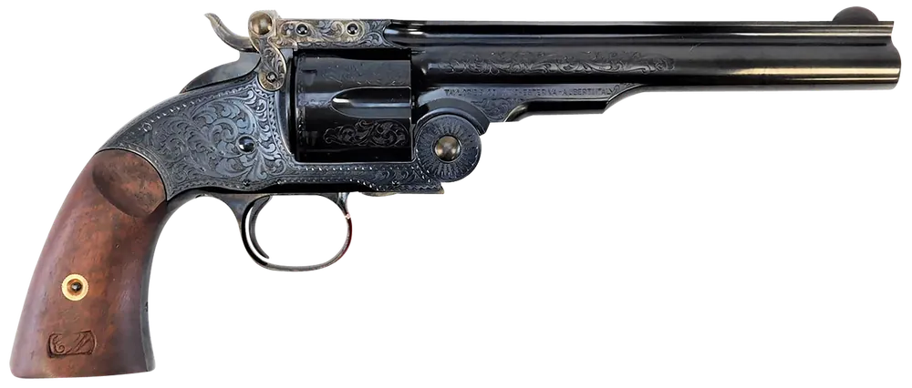 Taylors & Co. Schofield 45 Colt 7" Blued Engraved Revolver with Walnut Grip