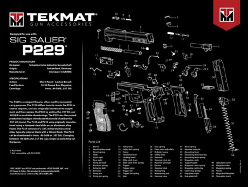 Sig Sauer P229 Ultra Cleaning Mat with Parts Diagram - 15"x20" Multi-Color Rubber