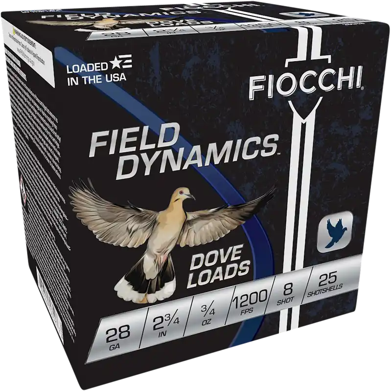 Fiocchi 28 Gauge Dove & Quail Shotgun Shells - 3/4oz, 8 Shot, 25 Rounds per Box