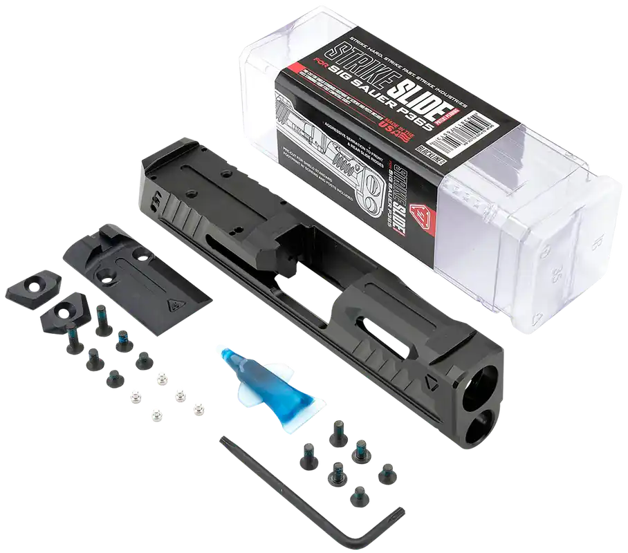 Strike Industries Black Stainless Steel Replacement Slide for Sig P365 with Ports & Optics Cut, Includes Charging Handle