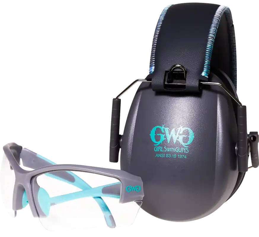 Women's Safety Glasses & Ear Muff Combo - Anti-Scratch Clear Lens, Gray Frame