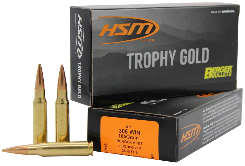 HSM 308 Win 185 gr Berger VLD Match Trophy Gold Ammo - 20/Box