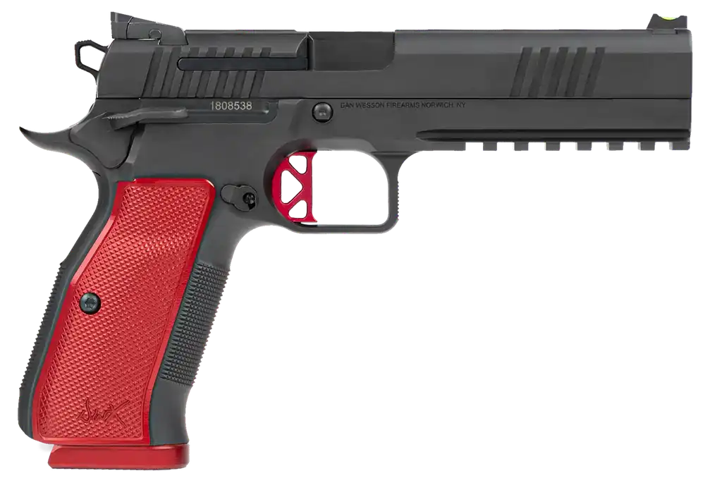 Dan Wesson DWX 9mm Luger Pistol with Black Steel Barrel and Red Checkered Grip